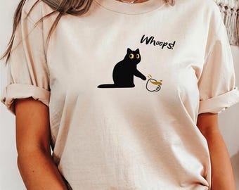 Whoops Cat Spilling Coffee Comfort Colors Tee, Funny Cat Lover Gift