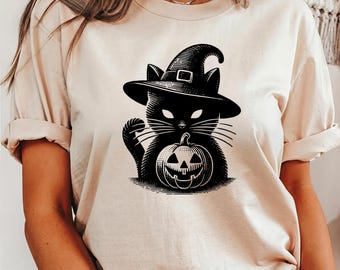 Witchy Black Cat Halloween Tee: Comfort Colors Spooky Pumpkin Shirt