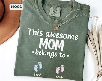 Personalized Mom Shirt with Kids Names, This Awesome Mom Belongs To Footprint Name Shirt, Mother's Day Gift for Mom, Custom Family T-Shirt