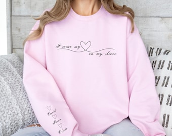 Custom I Wear My Heart On My Sleeve Sweatshirt, Shirt with Kids Names, Heart Hoodie, Mother's Day Gift, Grandma Sweatshirt, Mom Gift