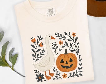 Floral Fall Goose Tee, Boho Autumn Pumpkin Design, Halloween Comfort Colors®, 3XL, %100 Cotton