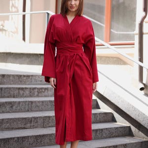 Linen Kimono Robe: Handmade Flax Gown with Belt & Pockets