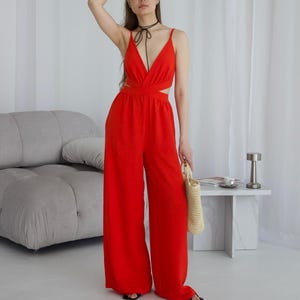 Linen Wide Leg Jumpsuit: Orange Khaki Summer Overalls
