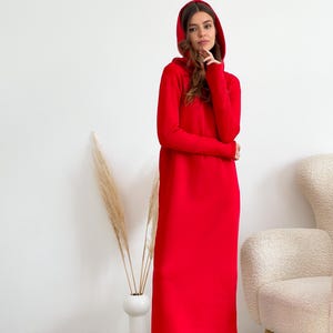 Red Maxi Hoodie Dress with Fleece – Warm Winter Long Dress with Hood & Thumbhole Sleeves, Casual Cozy Outfit, Gift for Women