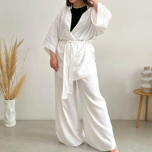 Linen Kimono and Pants Set for Women - Summer Linen Loungewear 100% Pure Linen Clothing Kimono Top and Wide Leg Pants Kimono Set linen Women