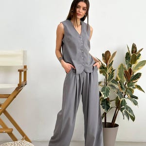 Gray Linen Suit Set: Sleeveless Vest & Wide Leg Palazzo Pants