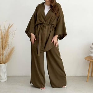 2 piece linen set Linen outfit women Linen kimono and pants Boho linen set Linen kimono robe Linen wide leg pants set Premium linen women