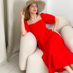 Red Linen Puff Sleeve Dress, Romantic Midi Dress, Square Neck Linen Dress, Summer Garden Outfit, Women’s Loungewear