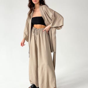 Linen Lounge Set for Women Wide leg linen pants Kimono and Pants Linen Clothing Casual Loungewear Linen Homewear Pure Linen Set Gift for her