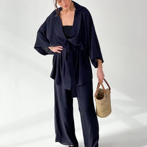 Kimono Linen Set for Women, Relaxed Linen Pants and Wrap Top, Boho Two Piece Outfit, Natural Loungewear, Linen Co-Ord Set, Linen Wide pants