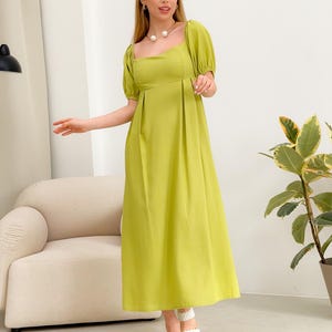 Linen Midi Dress for Women, Natural Fabric Summer Dress, Square Neck Dress with Sleeves, Minimalist Outfit, Vacation Look