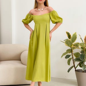 Linen Midi Dress in Green, Sustainable Fashion Dress for Women, Minimalist Summer Look, Natural Puff Sleeve Linen Clothing, Lime Green Dress