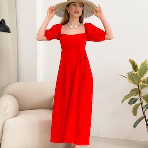 Red Linen Puff Sleeve Dress, Romantic Summer Midi Dress, Square Neckline Linen Dress, Natural Fabric Dress, Cottagecore Outfit
