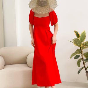 Red Linen Dress, Puff Sleeve Midi Dress, Summer Natural Linen Clothing, Square Neck Dress, Lightweight Eco Outfit