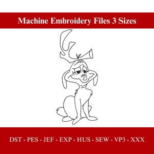 May include: A black and white line drawing of a cartoon character with antlers, sitting and looking sad. The text "Machine Embroidery Files 3 Sizes" is above the character. Below the character are the file types: DST, PES, JEF, EXP, HUS, SEW, VP3, and XXX.