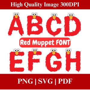 May include: A red Muppet-style font featuring the letters A, B, C, D, E, F, G, and H. Each letter is designed with a furry texture and cartoon eyes. The image also includes the text "Red Muppet FONT" and file type options.