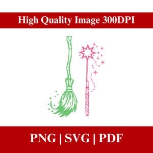 Op de afbeelding: Een groene bezem en een roze toverstaf met een ster op een witte achtergrond. De afbeelding bevat de tekst "High Quality Image 300DPI" en "PNG | SVG | PDF" in een rode banner.