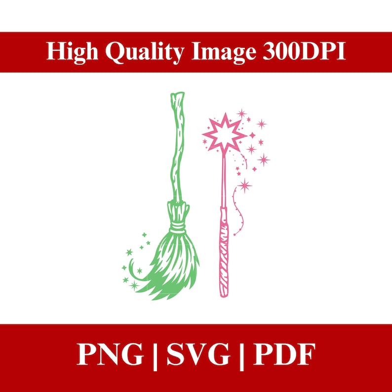 Op de afbeelding: Een groene bezem en een roze toverstaf met een ster op een witte achtergrond. De afbeelding bevat de tekst "High Quality Image 300DPI" en "PNG | SVG | PDF" in een rode banner.