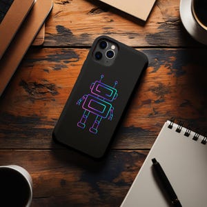 Puede incluir: Funda de teléfono negra con un diseño de robot de neón. El robot está delineado en un degradado de púrpura, azul y verde. La funda se muestra sobre una superficie de madera con un cuaderno, un bolígrafo y una taza de café.
