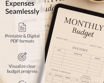 Könnte beinhalten: Eine digitale monatliche Budgetplaner-Vorlage auf einem Tablet-Bildschirm mit Abschnitten für Einnahmen, Fixkosten und Ersparnisse. Der Text lautet Track Income & Expenses Seamlessly, Printable & Digital PDF formats und Monthly Budget.