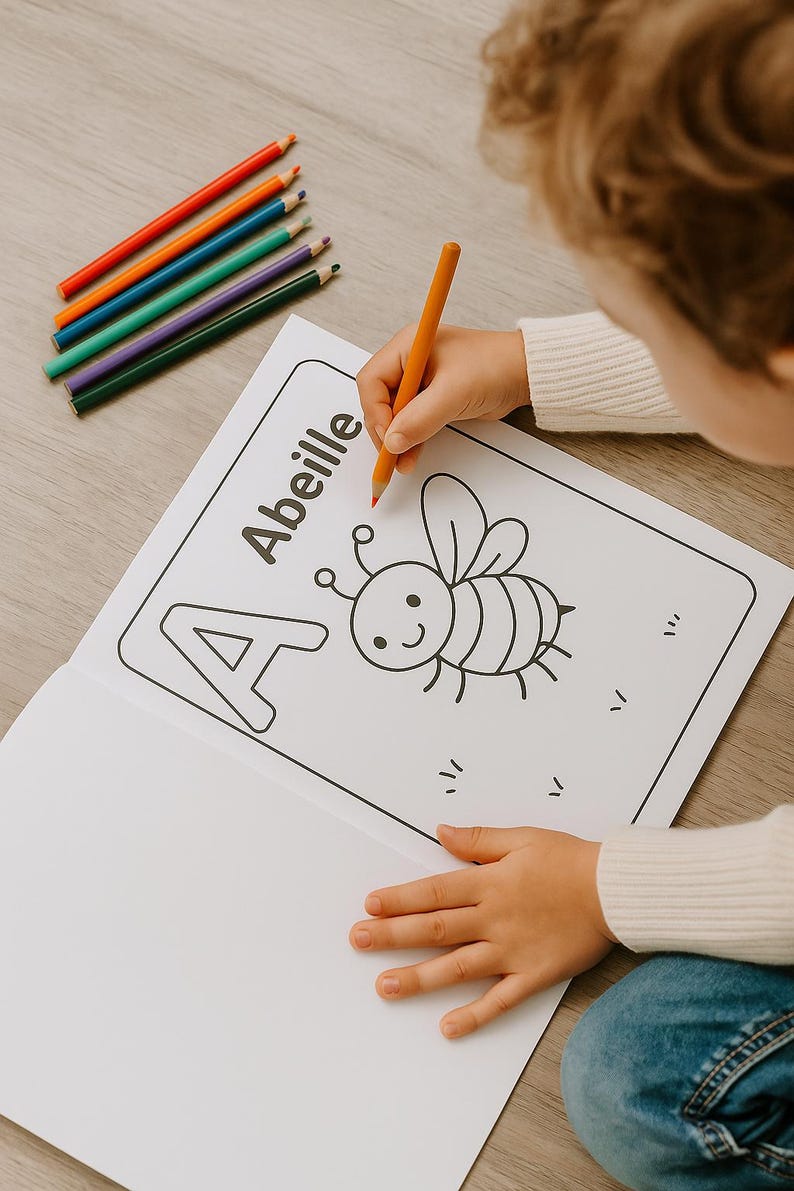 K&ouml;nnte beinhalten: Ein Kind malt eine Seite in einem Malbuch mit dem Wort "Abeille" und einer Cartoon-Biene aus. Das Kind benutzt einen orangefarbenen Buntstift. Mehrere Buntstifte sind sichtbar.
