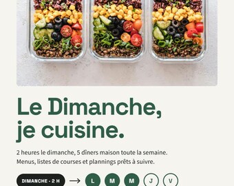 Könnte beinhalten: Ein E-Book-Cover mit dem Titel Le Dimanche, je cuisine, das drei Glasbehälter mit vorbereiteten Mahlzeiten aus dunklem Reis, Mais, schwarzen Oliven, Gurken, Kirschtomaten und Linsen zeigt, mit Text für 4 Personen.