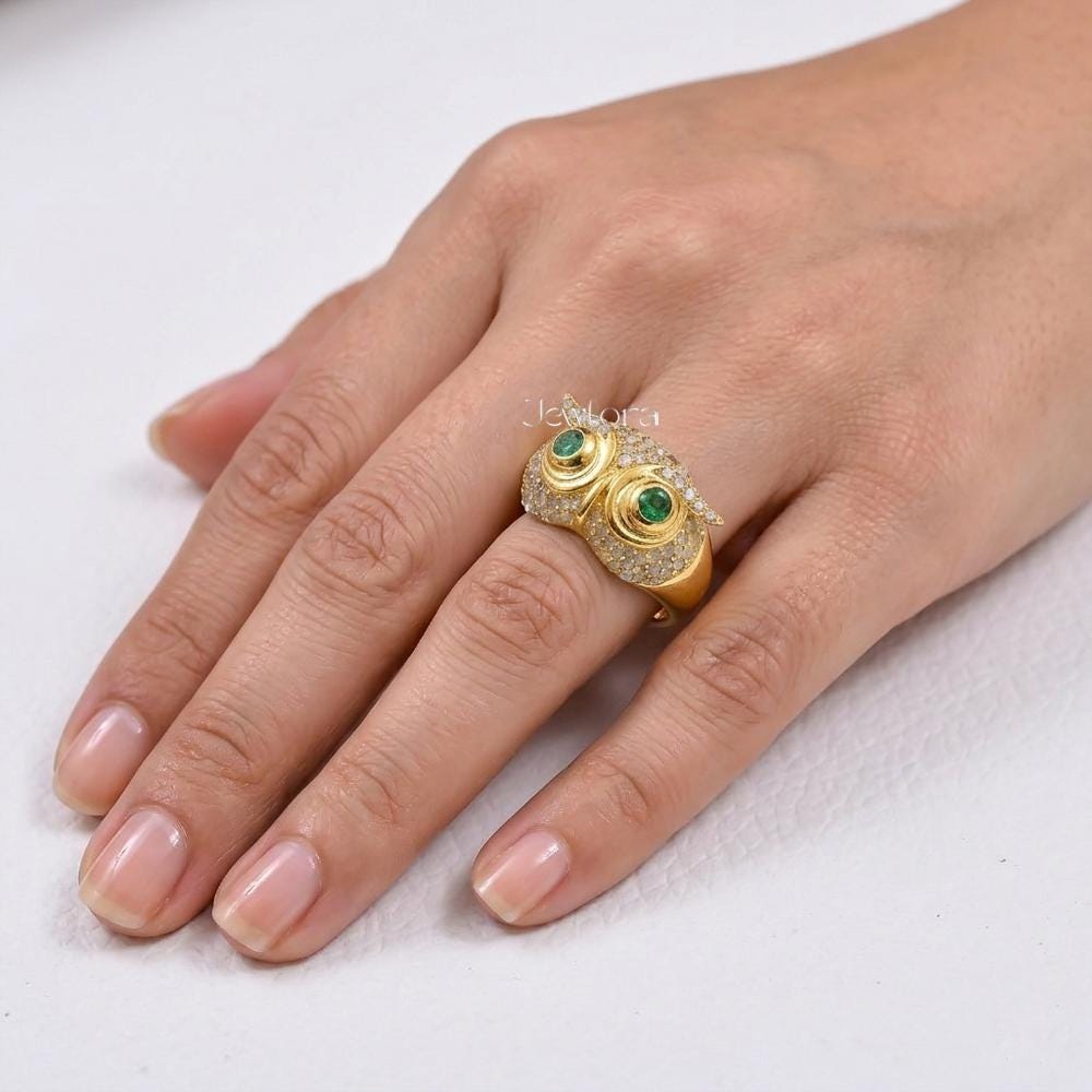 14K Gold Plated Owl Ring with Green & White Cubic Zirconia Stone Jewelry