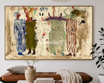 Originales figuratives Ölgemälde, geheimnisvolles Gruppenporträt von fünf Figuren, verspielte expressionistische Kunst, erdige Boho-Aussage.