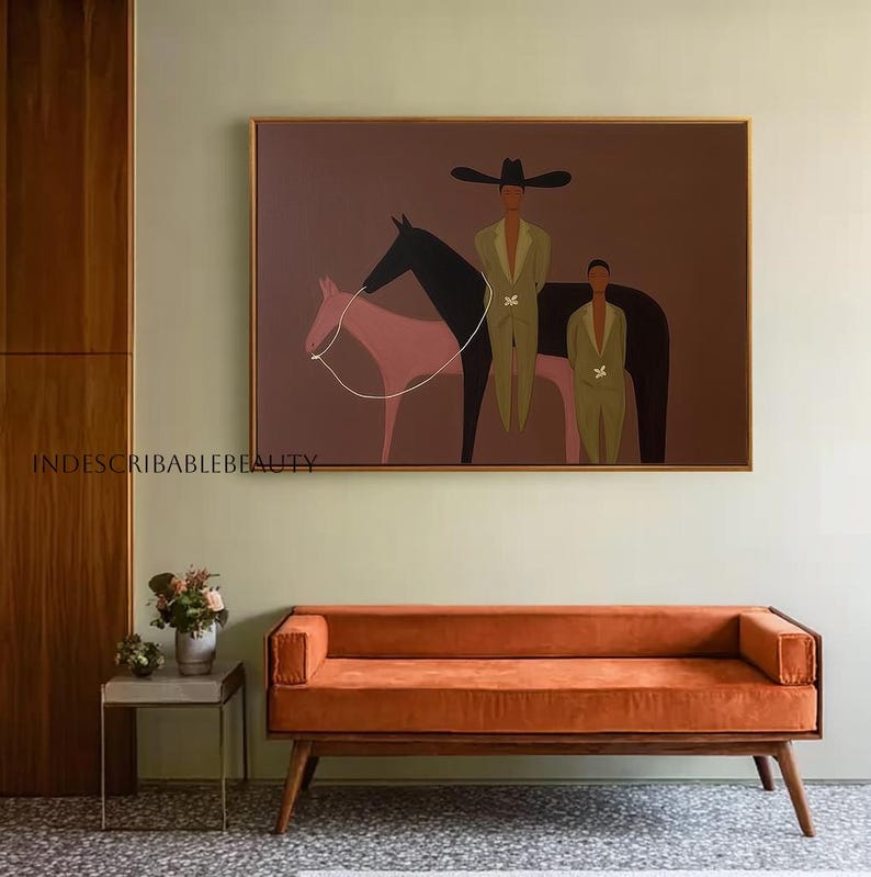 Handmade Cowboy & Cowgirl Horse Oil Painting, Framed Western Wall Art ...