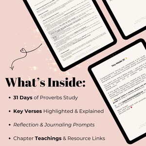 May include: Digital study guide on a tablet, featuring the text "Proverbs Study - Day 30 - Part 2." The guide includes 31 days of study, key verses, reflection prompts, and chapter teachings. The text "What's Inside" is prominently displayed.
