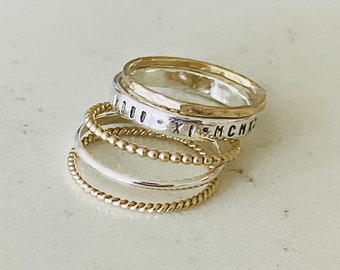 14k gold filled and silver stacking ring set with personalized fine silver ring.