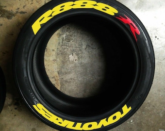 Naklejki na opony Toyo Tires R888R – napisy na opony i trwałe naklejki na opony do wszystkich pojazdów – 8 szt. na 4 opony, pełny zestaw
