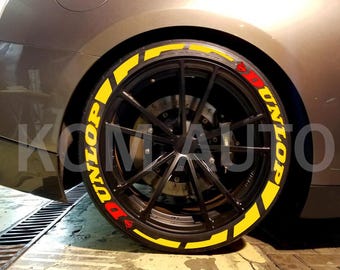 Autocollants Dunlop Stripe pour pneus – Lettrage de pneus et autocollants permanents pour pneus pour tous les véhicules – Ensemble complet de 8 pièces et 4 pneus