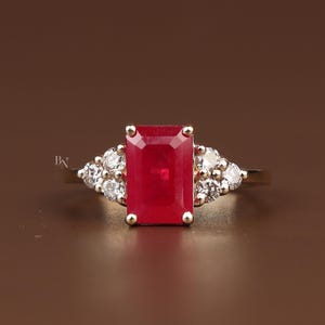 2ct Emerald Cut Lab Diamond Engagement Ring, 14k Yellow Gold Ruby Red Bridal Ring, Art Deco Three Stone Ring