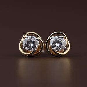 2ctw Round Lab Diamond Love Knot Earrings, 14k Yellow Gold Trinity Swirl Studs, Infinity Halo Diamond Studs, Luxury Anniversary