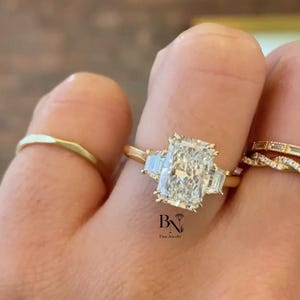 2.50 CT Radiant Cut Moissanite Ring, Three Stone Engagement Ring, Tapered Baguette Sides, Yellow Gold Wedding Ring, Anniversary Gift For Her