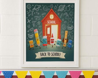 Arte de parede para a sala de aula de volta às aulas – Impressão fofa de materiais escolares – Decoração para o primeiro dia de aula para professores, crianças e salas de aula do ensino fundamental