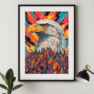 Colorful Bald Eagle Digital Art Print – Patriotic American Bird Illustration – Vibrant Animal Decor for Office, Living Room  – Wildlife Art