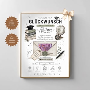 Peut inclure: Une affiche encadrée avec du texte allemand félicitant un diplômé. Le design comprend un chapeau de graduation, des livres, un globe et une enveloppe avec de l'argent. Un nœud décoratif orne le coin supérieur droit. L'affiche est conçue pour les formats A3, A4 et A5.