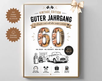 Money gift idea for a man's 60th birthday, friend, colleague, 1966, good year, funny, vintage, classic car, DIY PDF download