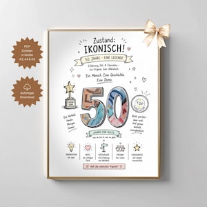 May include: A white poster featuring the text 'Zustand: IKONISCH!' and '50 JAHRE - EINE LEGENDE' with a large number 50 filled with currency patterns. The design includes a gold star trophy, a 'TOP' badge, and various icons like a lightbulb, heart, signpost, and people, all framed in a gold border with a beige ribbon.