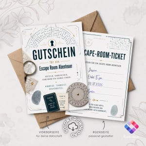 Könnte beinhalten: Ein druckbares Escape-Room-Gutscheinset mit Labyrinth-Design, Schlüsselloch-Symbol und dem deutschen Text GUTSCHEIN sowie ESCAPE-ROOM-TICKET. Das Design umfasst eine kreisförmige Chiffrierscheibe, Fingerabdruck-Grafiken, eine Lupe und kleine Hinweiskarten.