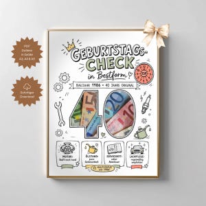 May include: A framed poster titled GEBURTSTAGS-CHECK in Bestform featuring the text BAUJAHR 1986 40 JAHRE ORIGINAL. The number 40 is filled with Euro banknotes. Illustrations include a wrench, spark plug, oil can, and car maintenance icons.