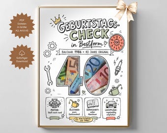 Presente em dinheiro para o aniversário de 40 anos de um homem (nascido em 1986), presente de aniversário em dinheiro "faça você mesmo", presente vintage em dinheiro de alta qualidade, download divertido em PDF para fazer você mesmo