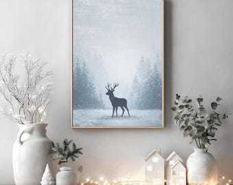 Reindeer Print Winter Wall Art Prints Nordic Christmas Printable Art Instant Download Snow Covered Trees Christmas Decor Scandinavian