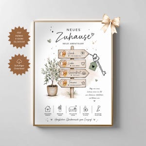 Peut inclure: Une affiche encadrée avec un cadre doré présente une illustration à l'aquarelle avec les mots "Neues Zuhause" et "Nouvelles Aventures". L'affiche comprend des panneaux directionnels pointant vers "Chance", "Amour", "Santé" et "Rêves". Un nœud décoratif orne le dessus.