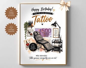 Geldgeschenk Tattoo Gutschein | Tätowierung | Geld als Tattoo verschenken | Bastelvorlage | Geburtstagsgeschenkidee Gutschein Tattoo Studio