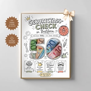 May include: A decorative poster featuring the text GEBURTSTAGS-CHECK in Bestform, Baujahr 1976, 50 Jahre Original, and Kultstatus seit 1976. The design includes a large number 50 filled with Euro banknotes, a clock, tools, and car-related icons.