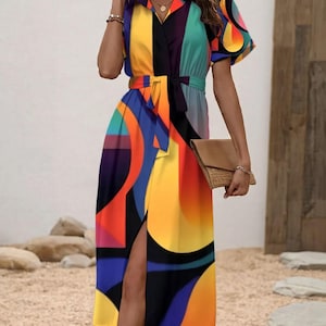 Colorful Printed Long Shirt Dress with Waist Tie