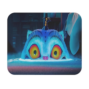 May include: A surreal image of a blue cat-like creature in water. The cat has large, round eyes with yellow and orange irises, a pink nose, and a small black hat. The artwork has a dreamlike quality with a dark, atmospheric background.